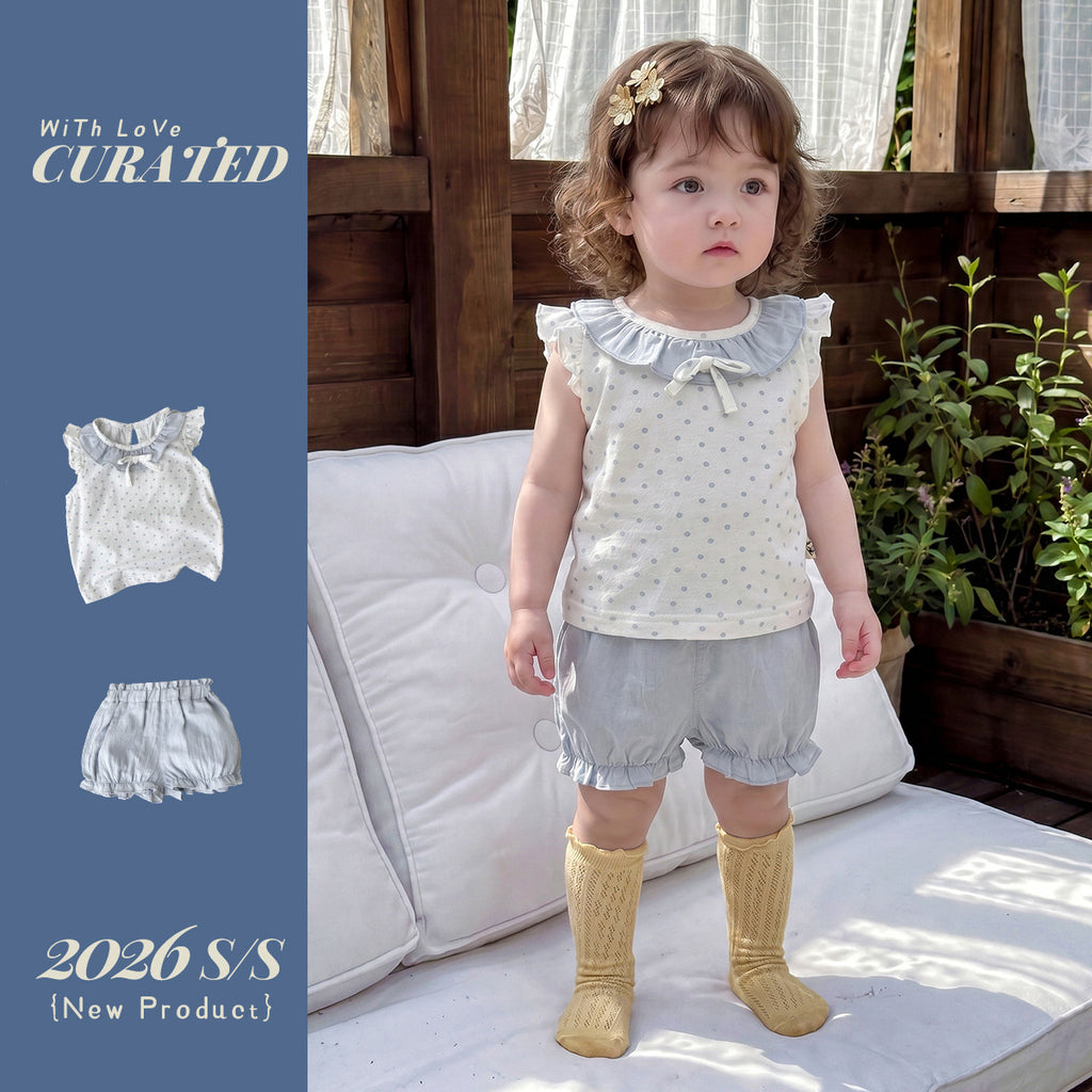 Two-Piece Set for Girls, Polka Dot Sleeveless Top with Ruffled Shorts, Stylish Baby Girl Outfit