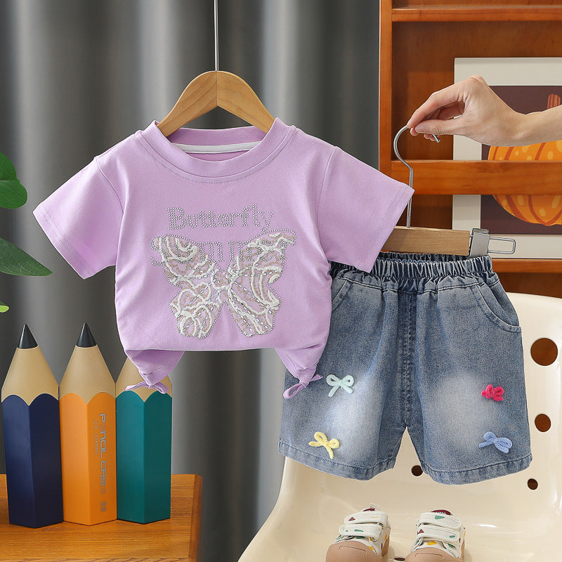 Two piece set of children's summer sequined short sleeved thin clothing for girls