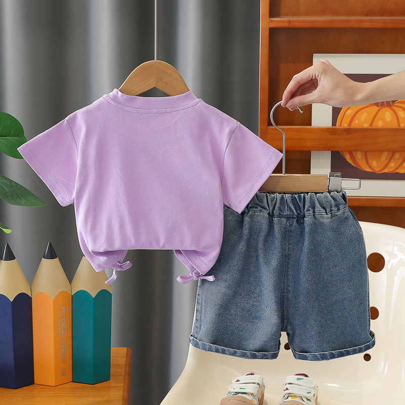 Two piece set of children's summer sequined short sleeved thin clothing for girls