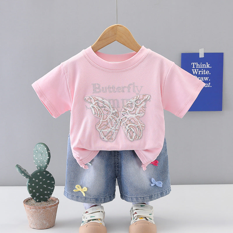Two piece set of children's summer sequined short sleeved thin clothing for girls