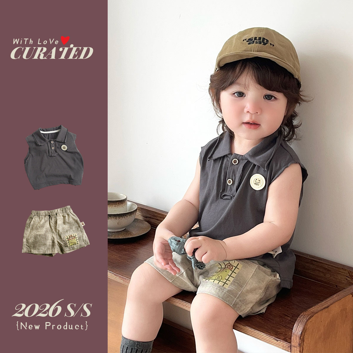 Polo Collar Sleeveless Vest and Casual Shorts Kids Outfit