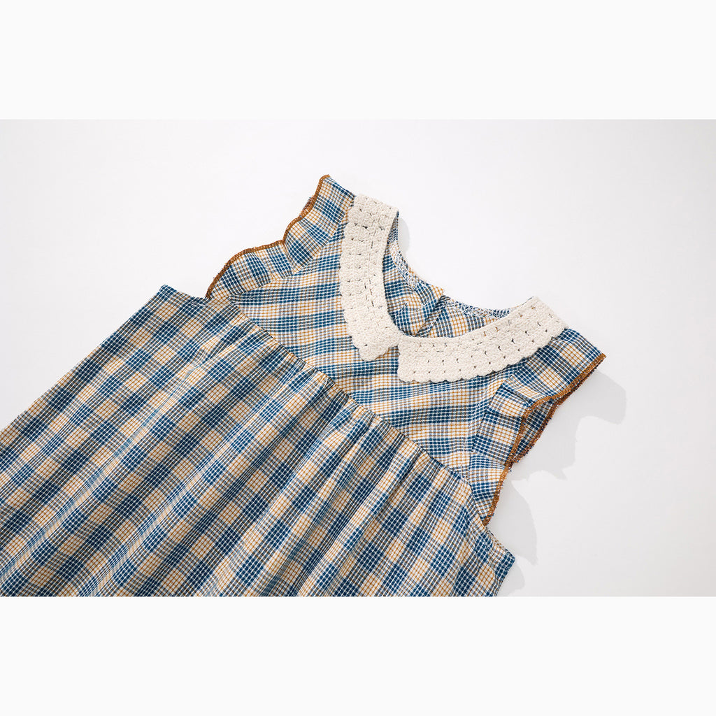 Girly Checkered Dress for Girls Sleeveless Backless Style Mid-Calf Length Casual Dress
