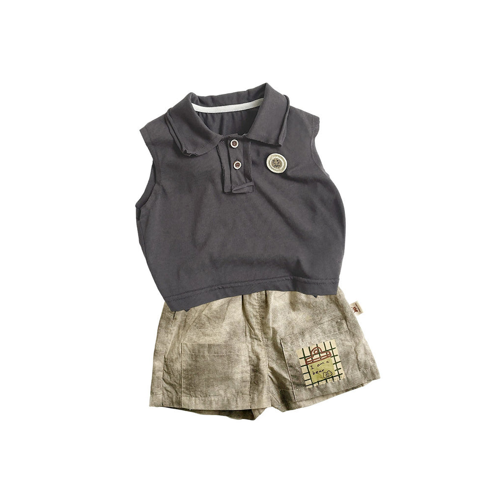 Polo Collar Sleeveless Vest and Casual Shorts Kids Outfit