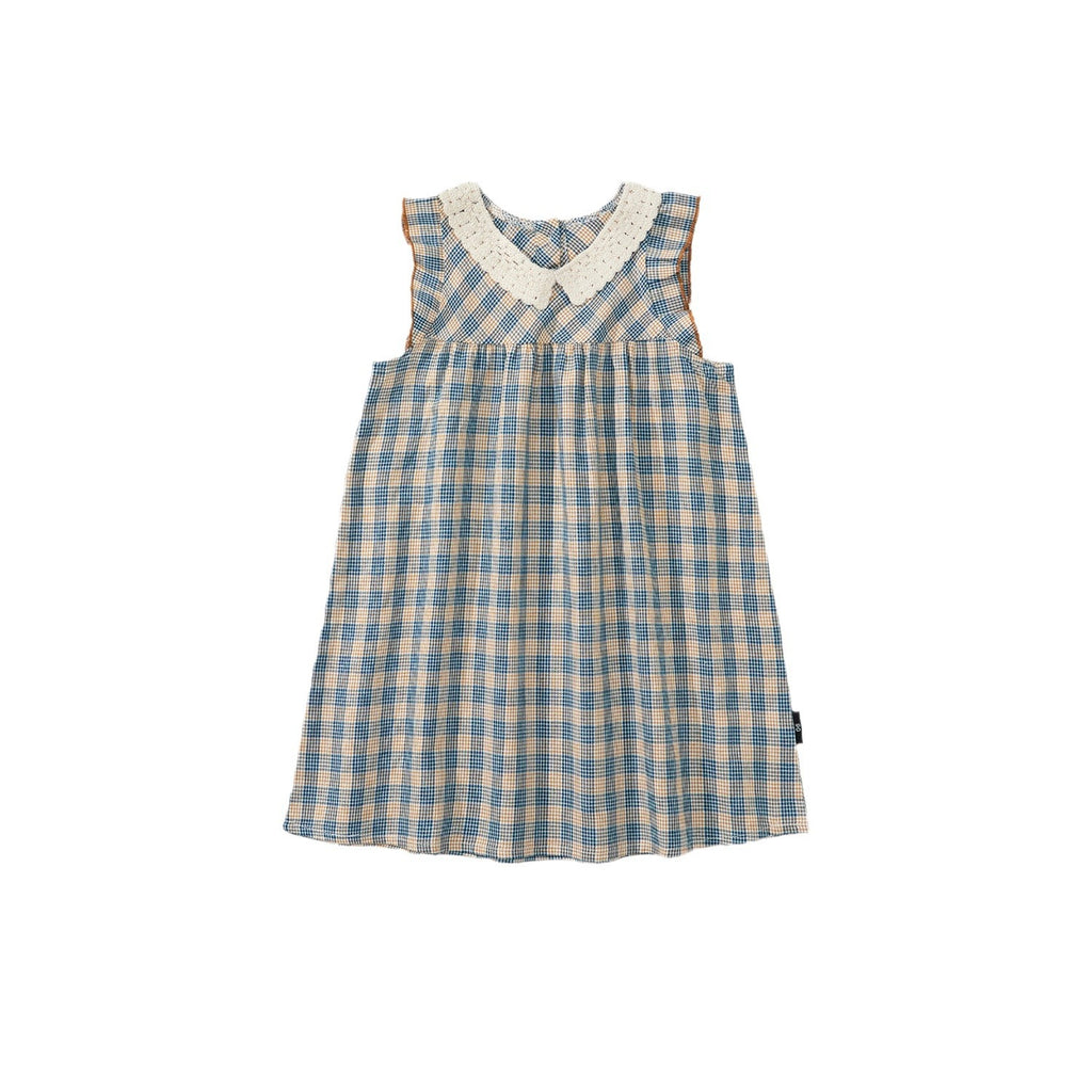 Girly Checkered Dress for Girls Sleeveless Backless Style Mid-Calf Length Casual Dress