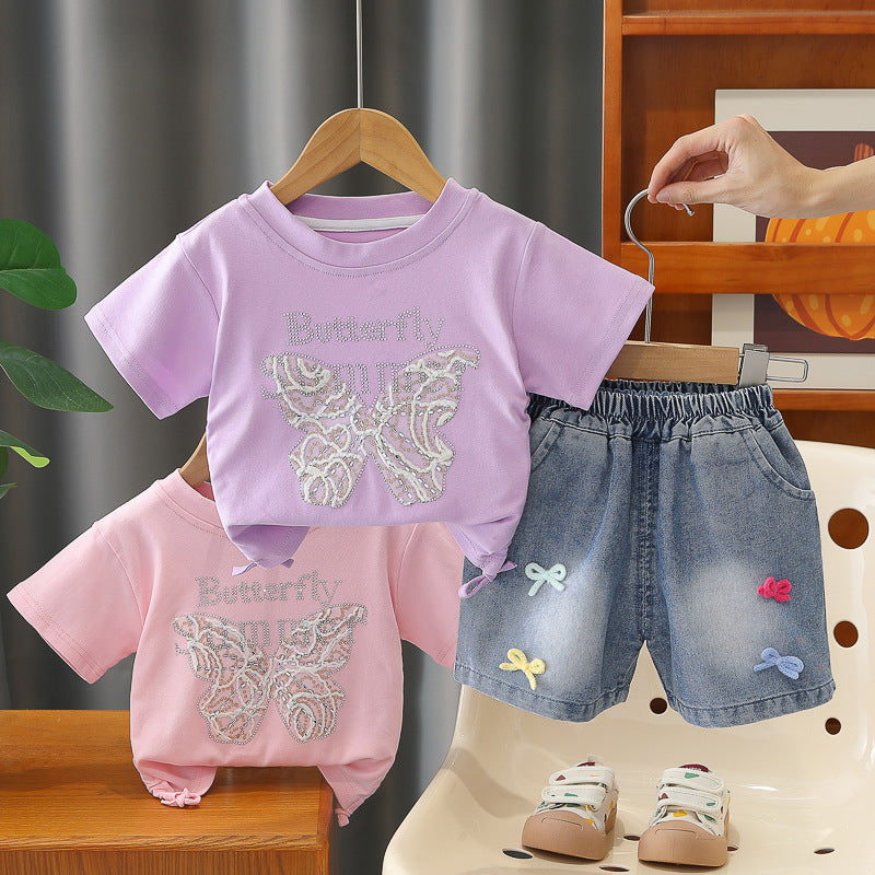 Two piece set of children's summer sequined short sleeved thin clothing for girls