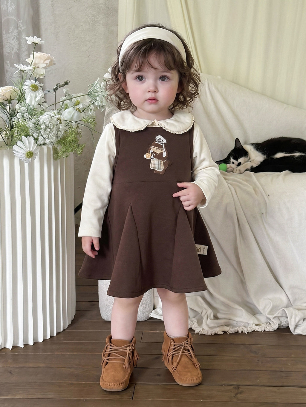 Bear Embroidery Overalls Dress Two-Piece Set  Clothing Outfit