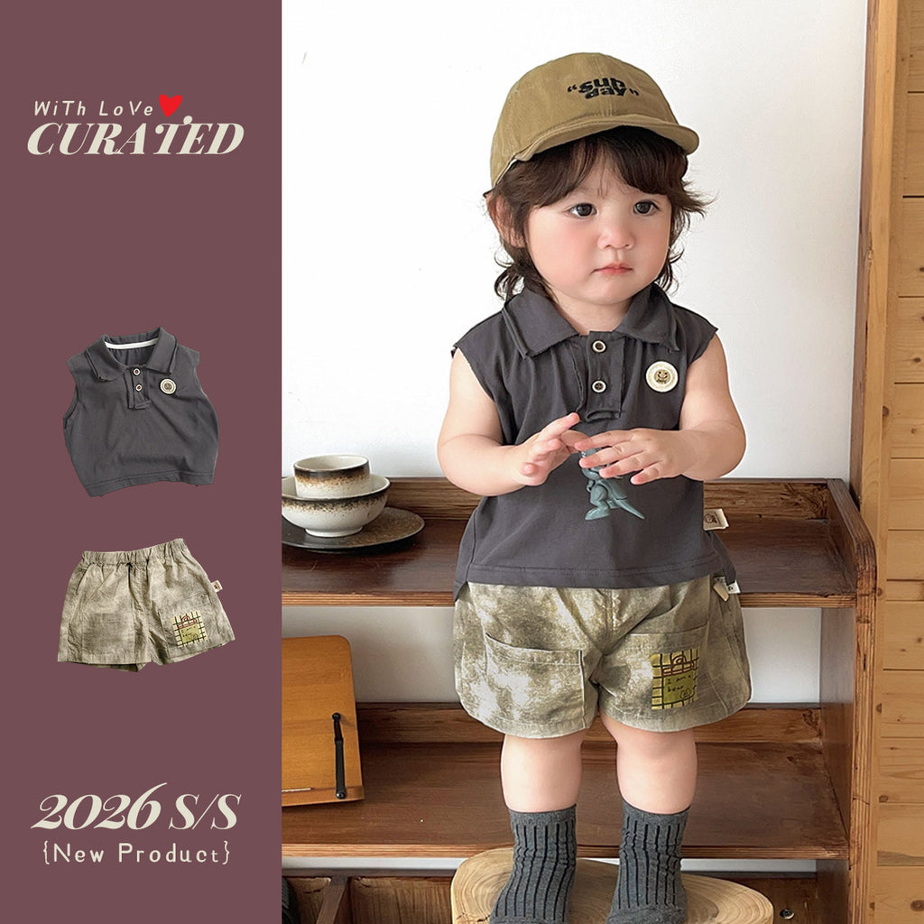 Polo Collar Sleeveless Vest and Casual Shorts Kids Outfit
