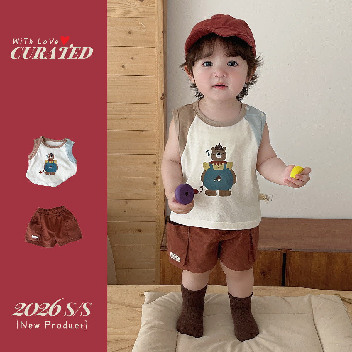 Boy's Stylish Two-Piece Set, Cartoon Bear Sleeveless Color-Block T-Shirt