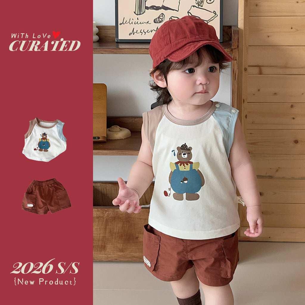 Boy's Stylish Two-Piece Set, Cartoon Bear Sleeveless Color-Block T-Shirt