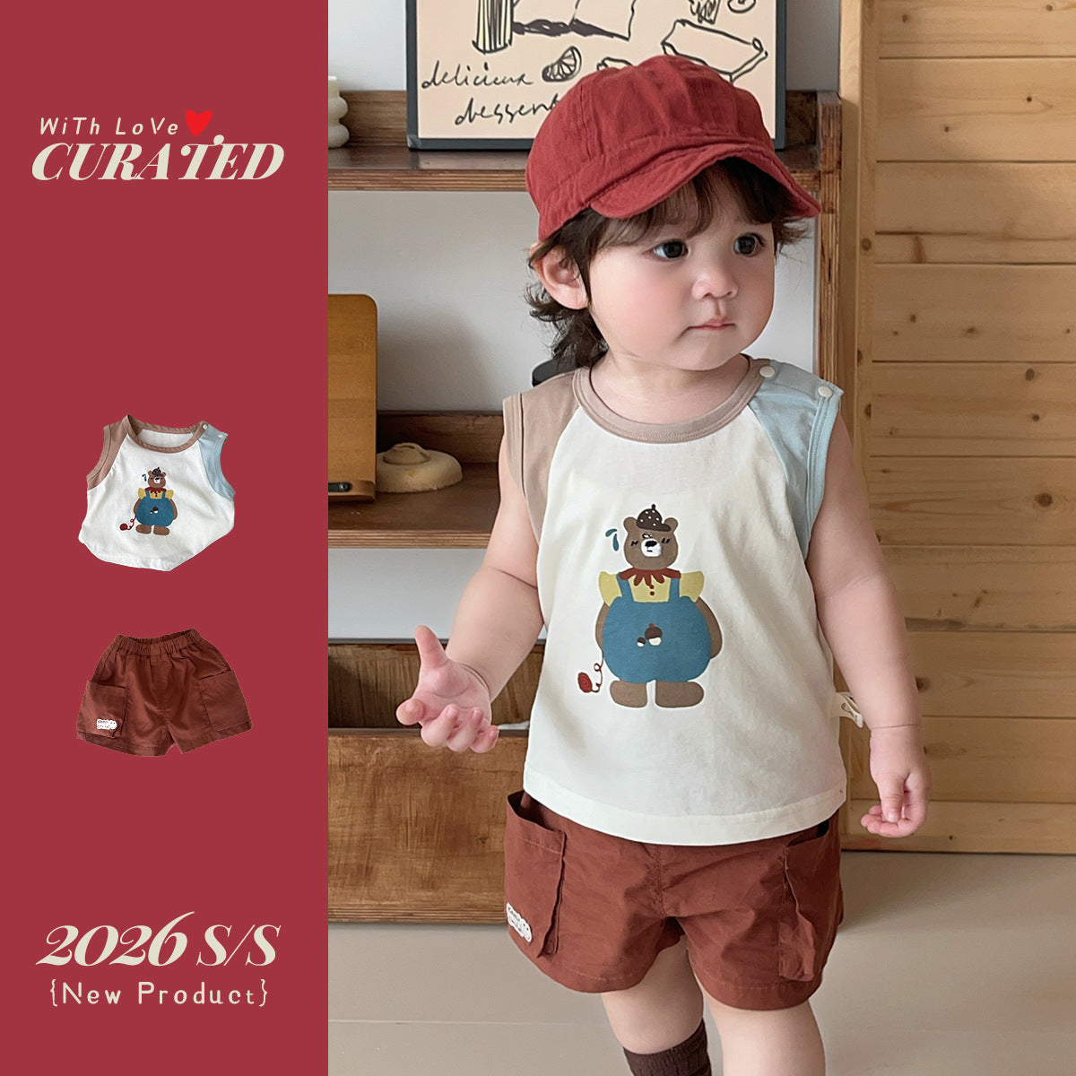 Boy's Stylish Two-Piece Set, Cartoon Bear Sleeveless Color-Block T-Shirt