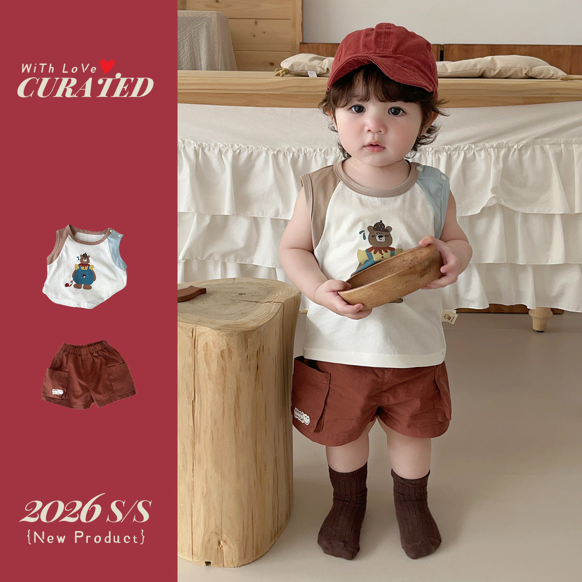 Boy's Stylish Two-Piece Set, Cartoon Bear Sleeveless Color-Block T-Shirt