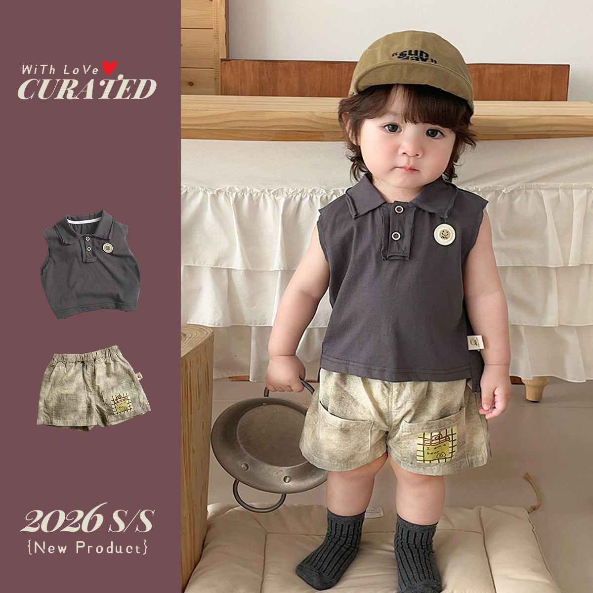 Polo Collar Sleeveless Vest and Casual Shorts Kids Outfit