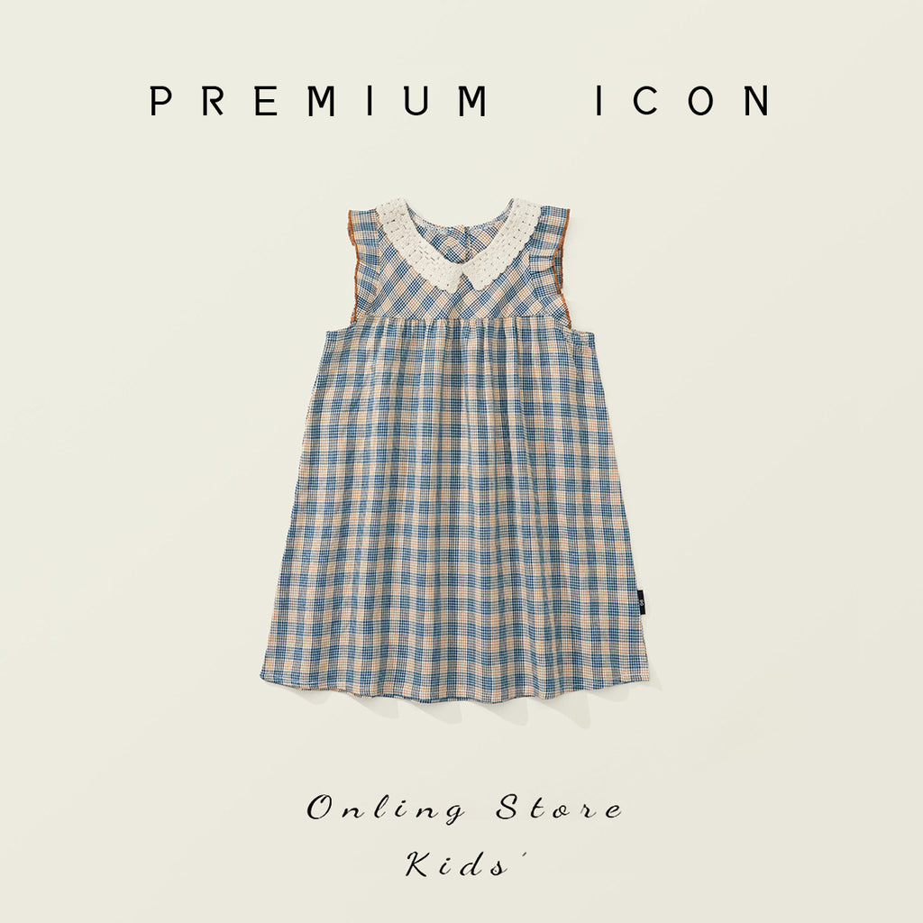 Girly Checkered Dress for Girls Sleeveless Backless Style Mid-Calf Length Casual Dress