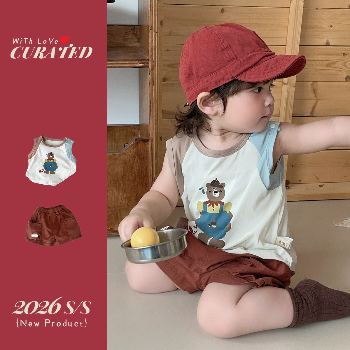 Boy's Stylish Two-Piece Set, Cartoon Bear Sleeveless Color-Block T-Shirt