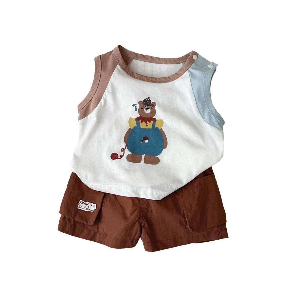 Boy's Stylish Two-Piece Set, Cartoon Bear Sleeveless Color-Block T-Shirt