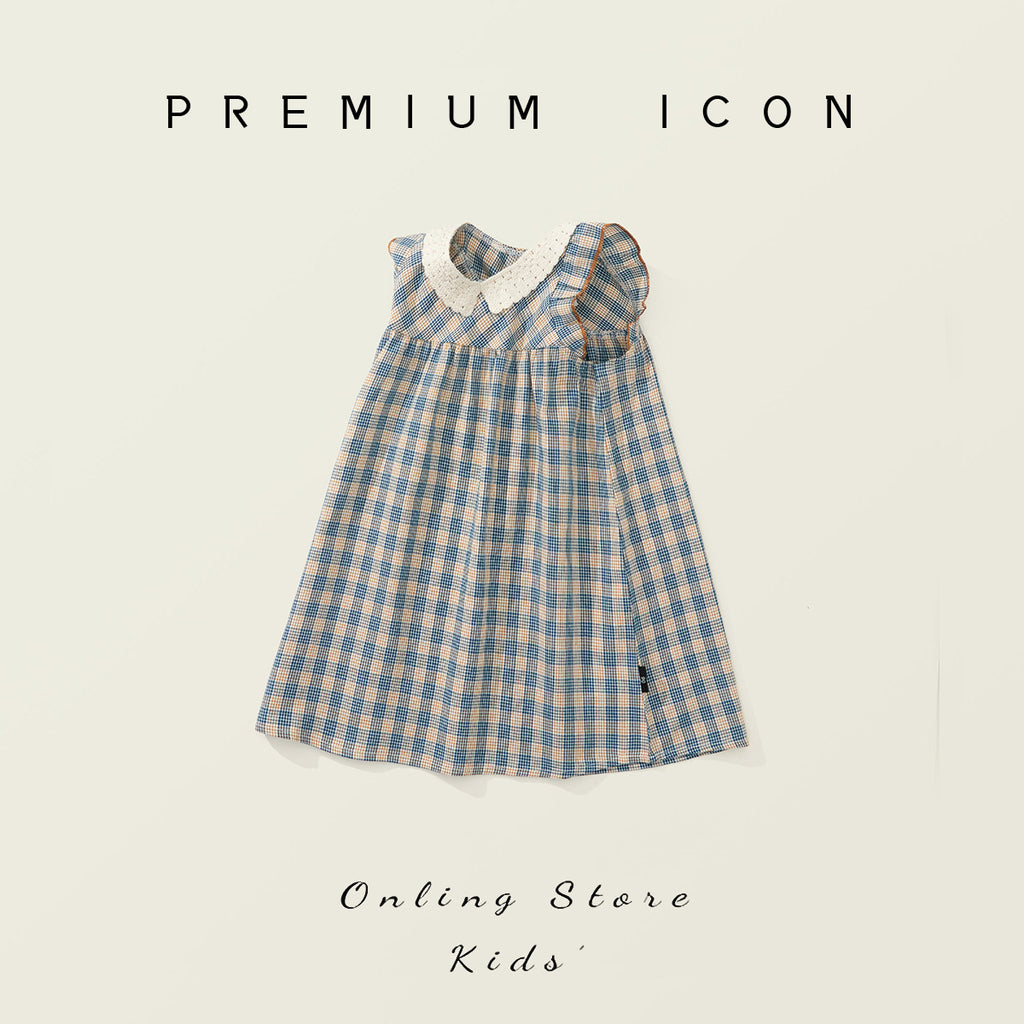 Girly Checkered Dress for Girls Sleeveless Backless Style Mid-Calf Length Casual Dress