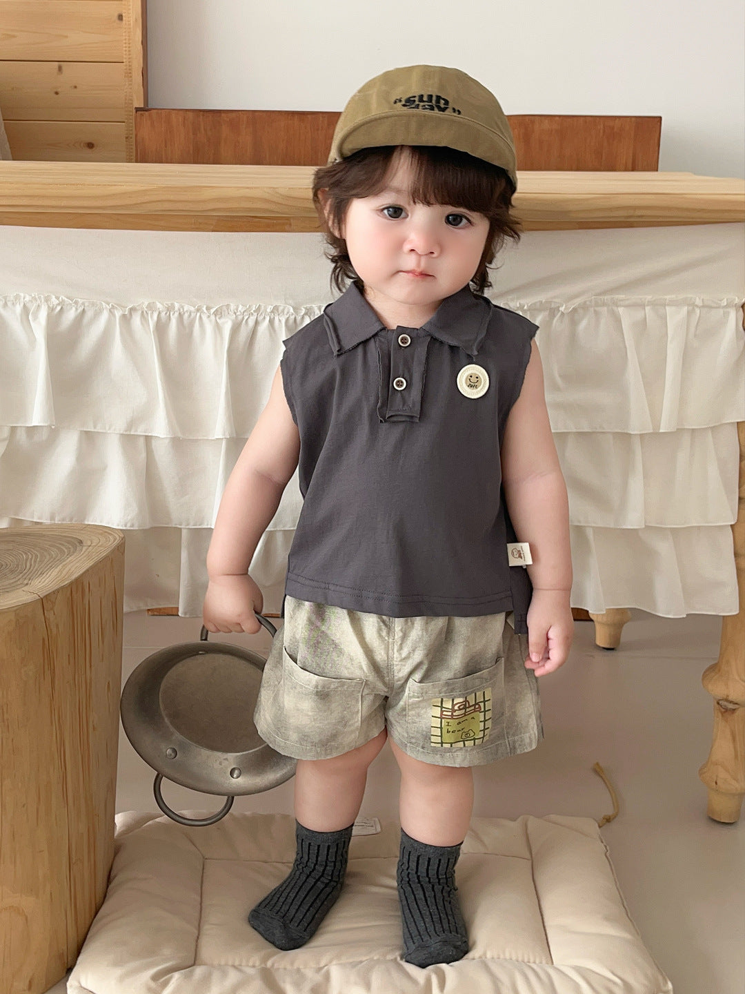 Polo Collar Sleeveless Vest and Casual Shorts Kids Outfit