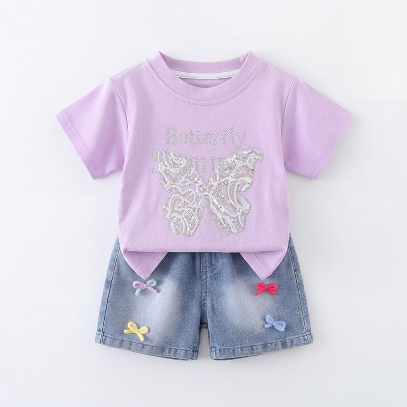Two piece set of children's summer sequined short sleeved thin clothing for girls