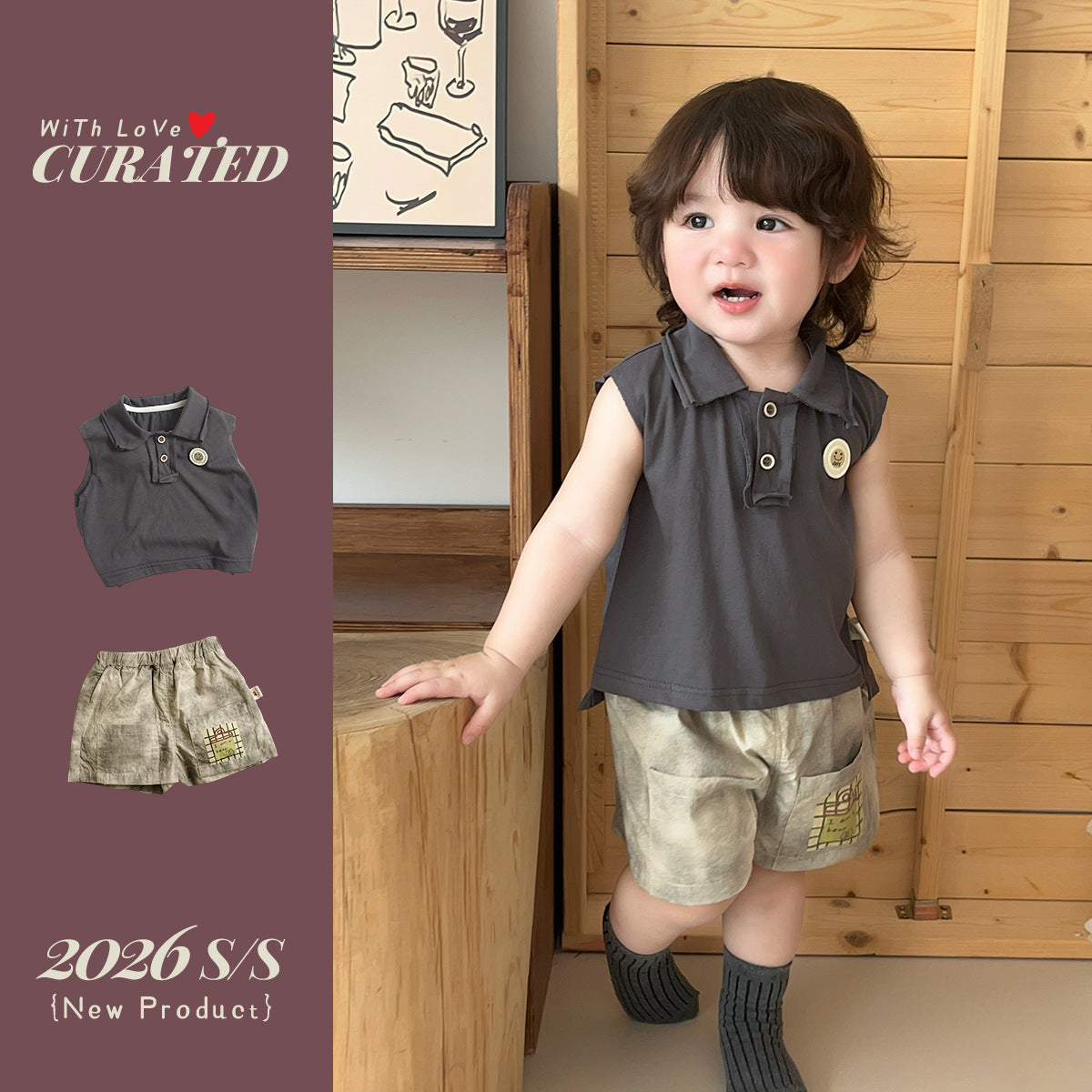 Polo Collar Sleeveless Vest and Casual Shorts Kids Outfit